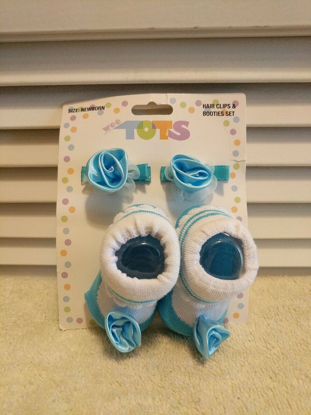 Wee Tots Newborn Blue and White Hair Clips And Booties Socks Pair Set NWT